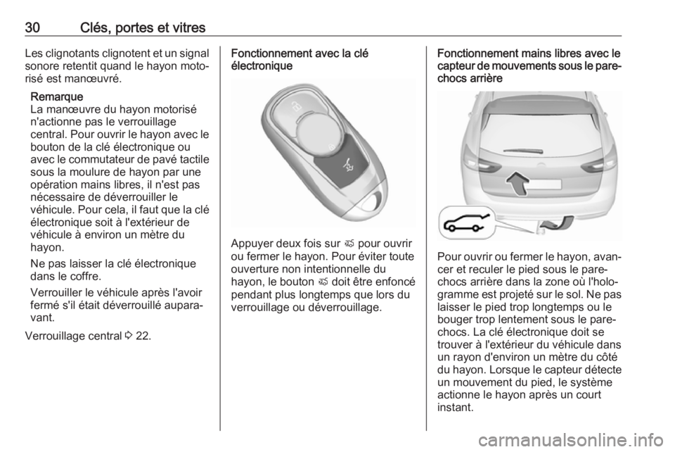 OPEL INSIGNIA BREAK 2017.75  Manuel dutilisation (in French) 30Clés, portes et vitresLes clignotants clignotent et un signal
sonore retentit quand le hayon moto‐
risé est manœuvré.
Remarque
La manœuvre du hayon motorisé
n'actionne pas le verrouillag
