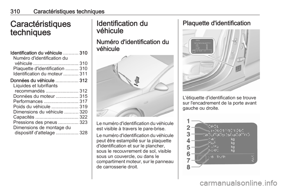 OPEL INSIGNIA BREAK 2017.75 Manuel dutilisation (in French) 310Caractéristiques techniquesCaractéristiques
techniquesIdentification du véhicule ...........310
Numéro d'identification du véhicule .................................. 310
Plaquette d'i OPEL INSIGNIA BREAK 2017.75 Manuel dutilisation (in French) 310Caractéristiques techniquesCaractéristiques
techniquesIdentification du véhicule ...........310
Numéro d'identification du véhicule .................................. 310
Plaquette d'i