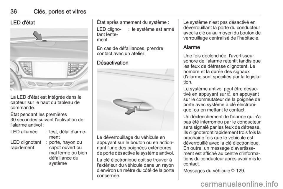 OPEL INSIGNIA BREAK 2017.75  Manuel dutilisation (in French) 36Clés, portes et vitresLED d'état
La LED d'état est intégrée dans le
capteur sur le haut du tableau de
commande.
État pendant les premières
30 secondes suivant l'activation de
l