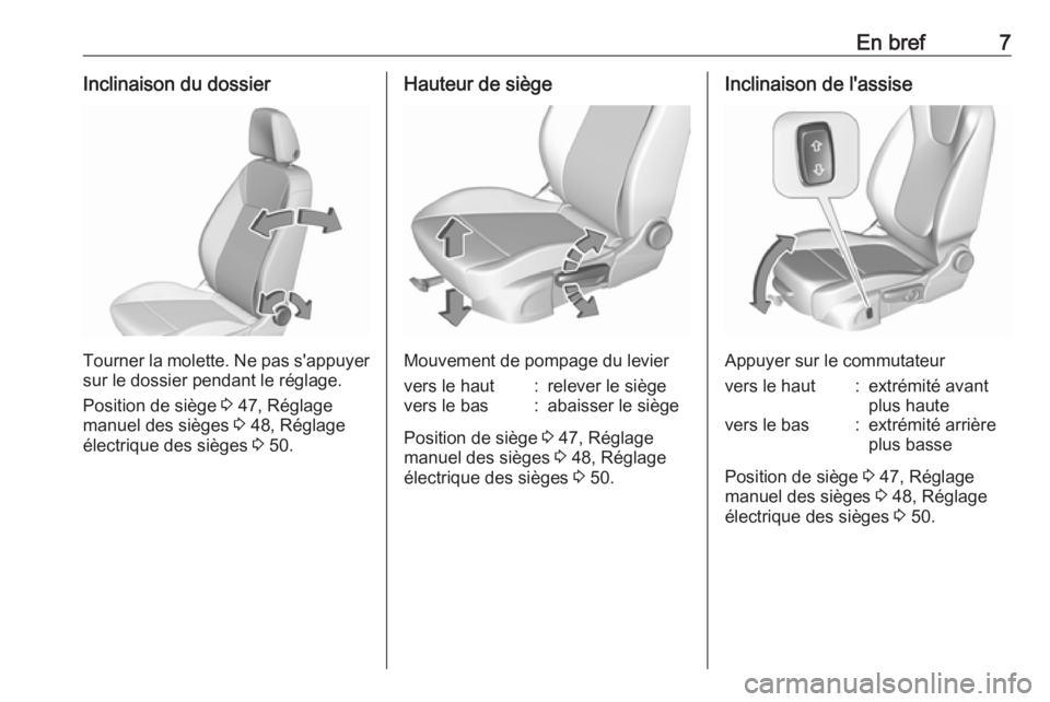 OPEL INSIGNIA BREAK 2017.75  Manuel dutilisation (in French) En bref7Inclinaison du dossier
Tourner la molette. Ne pas s'appuyer
sur le dossier pendant le réglage.
Position de siège  3 47, Réglage
manuel des sièges  3 48, Réglage
électrique des siège