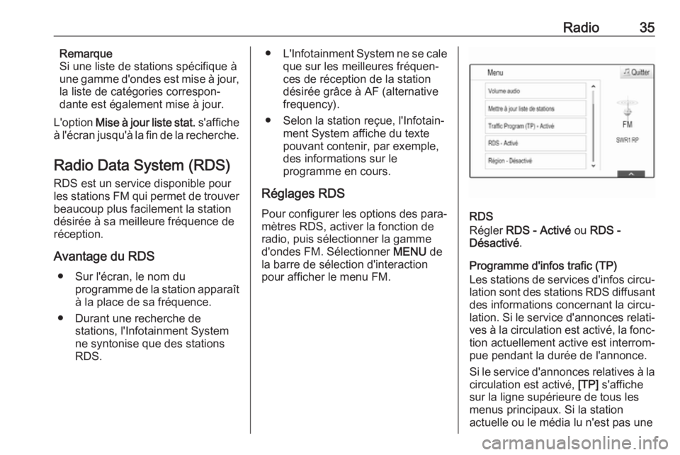 OPEL INSIGNIA BREAK 2018  Manuel multimédia (in French) Radio35Remarque
Si une liste de stations spécifique à
une gamme d'ondes est mise à jour,
la liste de catégories correspon‐
dante est également mise à jour.
L'option  Mise à jour liste