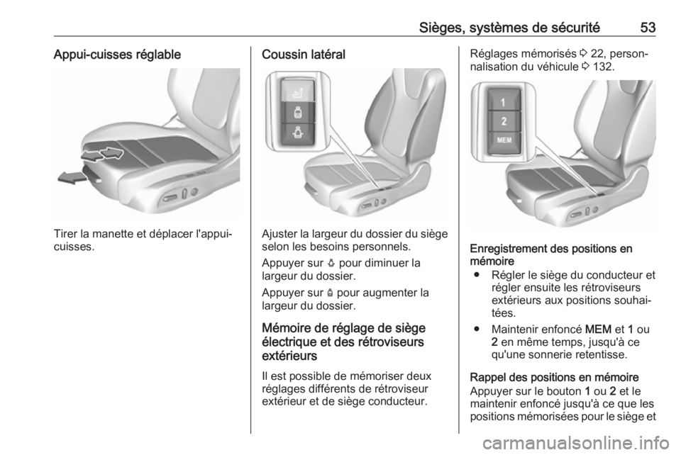 OPEL INSIGNIA BREAK 2018  Manuel dutilisation (in French) Sièges, systèmes de sécurité53Appui-cuisses réglable
Tirer la manette et déplacer l'appui-
cuisses.
Coussin latéral
Ajuster la largeur du dossier du siège
selon les besoins personnels.
App