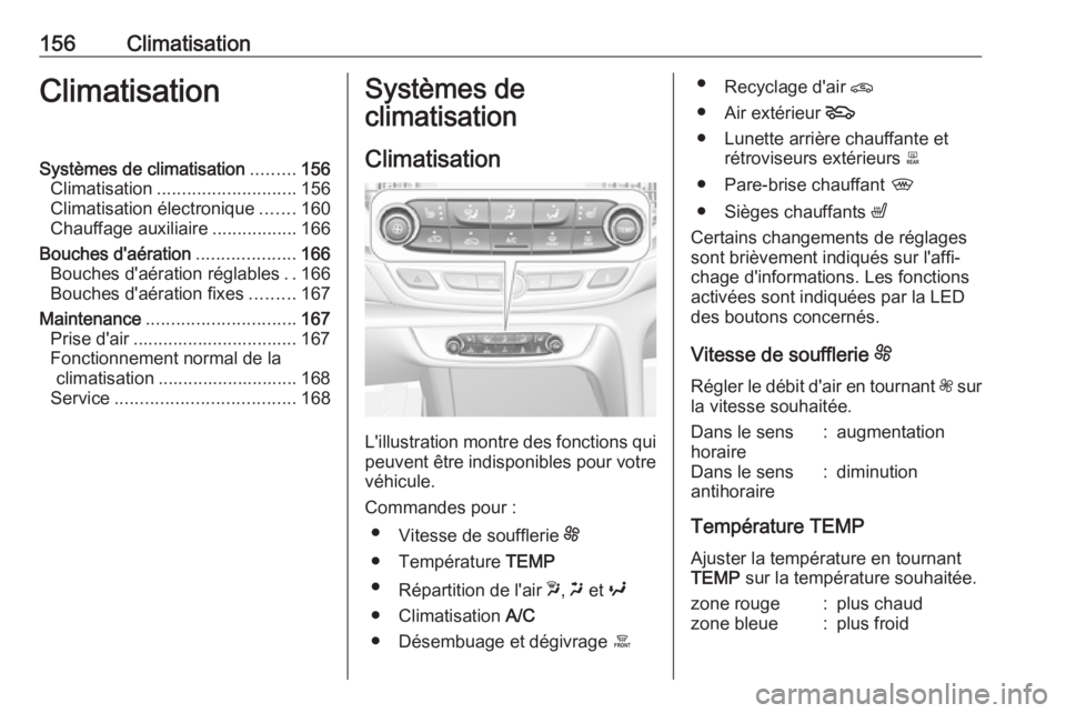 OPEL INSIGNIA BREAK 2018.5  Manuel dutilisation (in French) 156ClimatisationClimatisationSystèmes de climatisation.........156
Climatisation ............................ 156
Climatisation électronique .......160
Chauffage auxiliaire .................166
Bouc