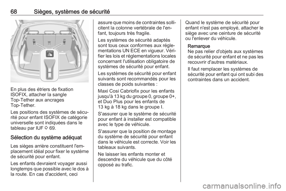 OPEL INSIGNIA BREAK 2019 Manuel dutilisation (in French) 68Sièges, systèmes de sécurité
En plus des étriers de fixation
ISOFIX, attacher la sangle
Top-Tether aux ancrages
Top-Tether.
Les positions des systèmes de sécu‐
rité pour enfant ISOFIX de c OPEL INSIGNIA BREAK 2019 Manuel dutilisation (in French) 68Sièges, systèmes de sécurité
En plus des étriers de fixation
ISOFIX, attacher la sangle
Top-Tether aux ancrages
Top-Tether.
Les positions des systèmes de sécu‐
rité pour enfant ISOFIX de c