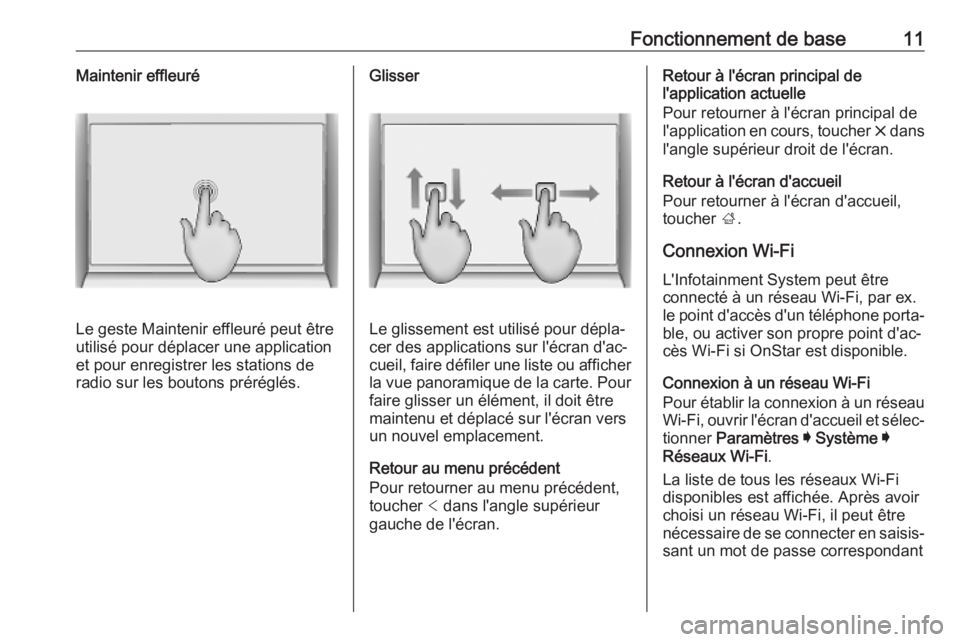 OPEL INSIGNIA BREAK 2019.5 Manuel multimédia (in French) Fonctionnement de base11Maintenir effleuré
Le geste Maintenir effleuré peut être
utilisé pour déplacer une application
et pour enregistrer les stations de
radio sur les boutons préréglés.
Glis OPEL INSIGNIA BREAK 2019.5 Manuel multimédia (in French) Fonctionnement de base11Maintenir effleuré
Le geste Maintenir effleuré peut être
utilisé pour déplacer une application
et pour enregistrer les stations de
radio sur les boutons préréglés.
Glis