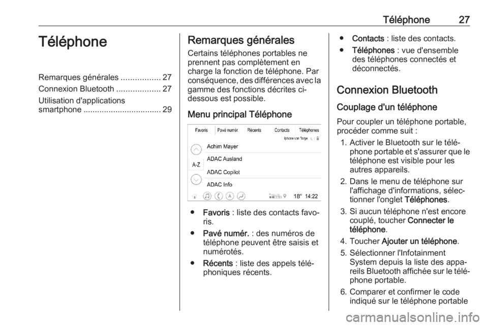 OPEL INSIGNIA BREAK 2019.5  Manuel multimédia (in French) Téléphone27TéléphoneRemarques générales.................27
Connexion Bluetooth ...................27
Utilisation d'applications
smartphone .................................. 29Remarques gén