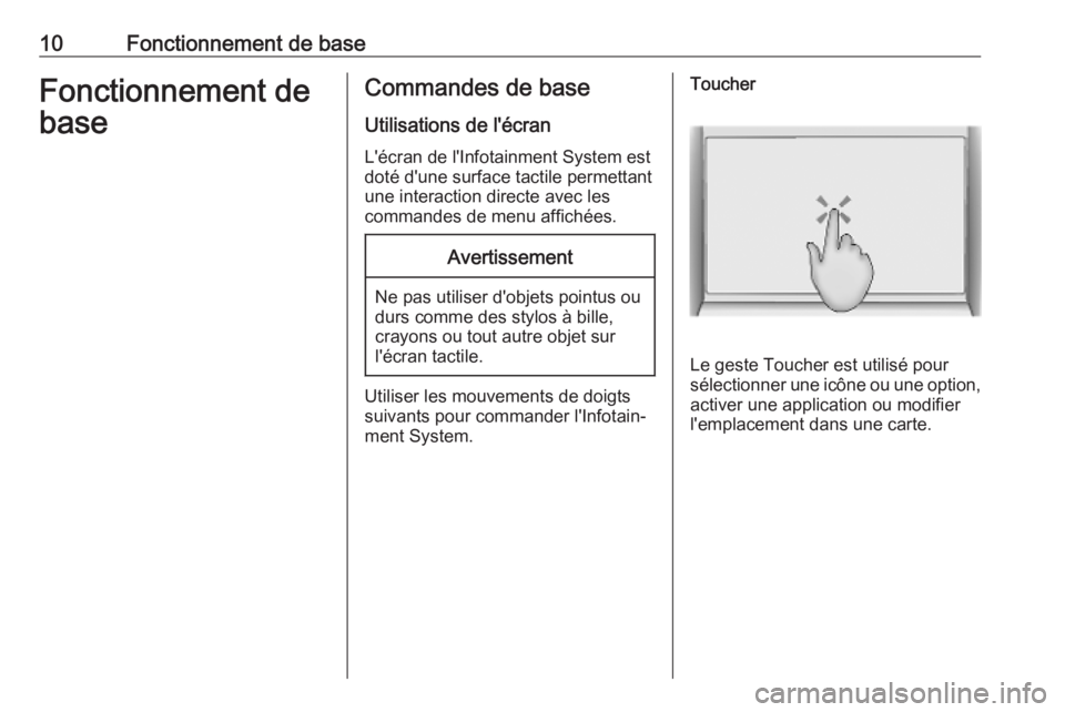 OPEL INSIGNIA BREAK 2019.5  Manuel multimédia (in French) 10Fonctionnement de baseFonctionnement debaseCommandes de base
Utilisations de l'écran L'écran de l'Infotainment System est
doté d'une surface tactile permettant
une interaction dir