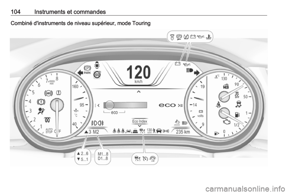 OPEL INSIGNIA BREAK 2019.5  Manuel dutilisation (in French) 104Instruments et commandesCombiné d'instruments de niveau supérieur, mode Touring 