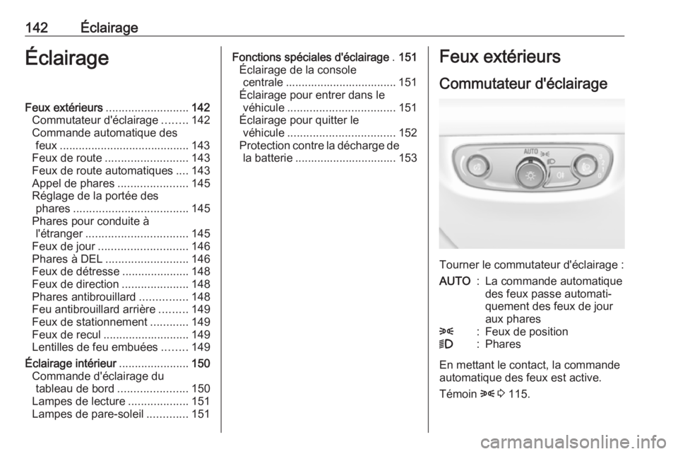 OPEL INSIGNIA BREAK 2019.5  Manuel dutilisation (in French) 142ÉclairageÉclairageFeux extérieurs.......................... 142
Commutateur d'éclairage ........142
Commande automatique des feux ......................................... 143
Feux de route