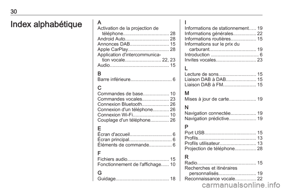 OPEL INSIGNIA BREAK 2020  Manuel multimédia (in French) 30Index alphabétiqueAActivation de la projection de téléphone .................................. 28
Android Auto ................................. 28
Annonces DAB ............................. 15
A