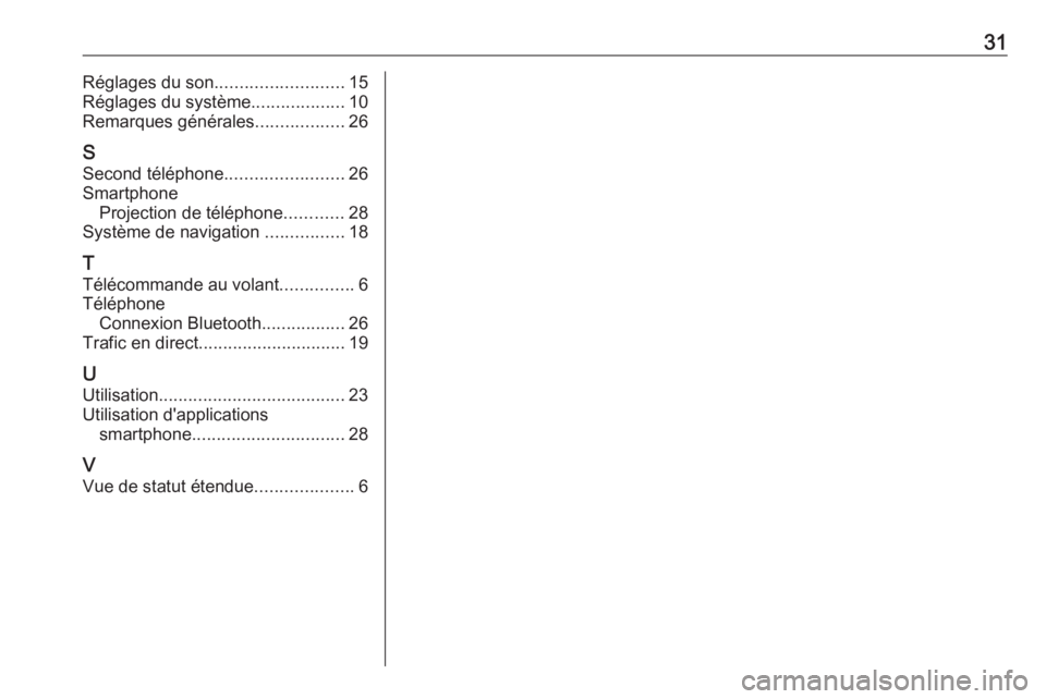 OPEL INSIGNIA BREAK 2020  Manuel multimédia (in French) 31Réglages du son.......................... 15
Réglages du système ...................10
Remarques générales ..................26
S Second téléphone ........................26
Smartphone Projec