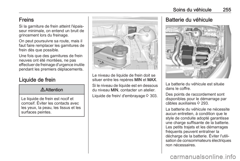 OPEL INSIGNIA BREAK 2020 Manuel dutilisation (in French) Soins du véhicule255Freins
Si la garniture de frein atteint l'épais‐
seur minimale, on entend un bruit de
grincement lors du freinage.
On peut poursuivre sa route, mais il
faut faire remplacer OPEL INSIGNIA BREAK 2020 Manuel dutilisation (in French) Soins du véhicule255Freins
Si la garniture de frein atteint l'épais‐
seur minimale, on entend un bruit de
grincement lors du freinage.
On peut poursuivre sa route, mais il
faut faire remplacer