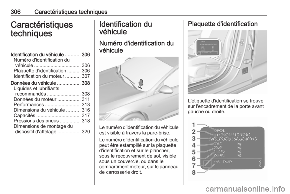 OPEL INSIGNIA BREAK 2020 Manuel dutilisation (in French) 306Caractéristiques techniquesCaractéristiques
techniquesIdentification du véhicule ...........306
Numéro d'identification du véhicule .................................. 306
Plaquette d'i OPEL INSIGNIA BREAK 2020 Manuel dutilisation (in French) 306Caractéristiques techniquesCaractéristiques
techniquesIdentification du véhicule ...........306
Numéro d'identification du véhicule .................................. 306
Plaquette d'i