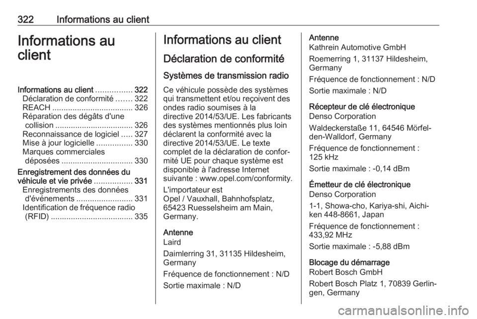 OPEL INSIGNIA BREAK 2020 Manuel dutilisation (in French) 322Informations au clientInformations au
clientInformations au client ................322
Déclaration de conformité .......322
REACH .................................... 326
Réparation des dégâts OPEL INSIGNIA BREAK 2020 Manuel dutilisation (in French) 322Informations au clientInformations au
clientInformations au client ................322
Déclaration de conformité .......322
REACH .................................... 326
Réparation des dégâts