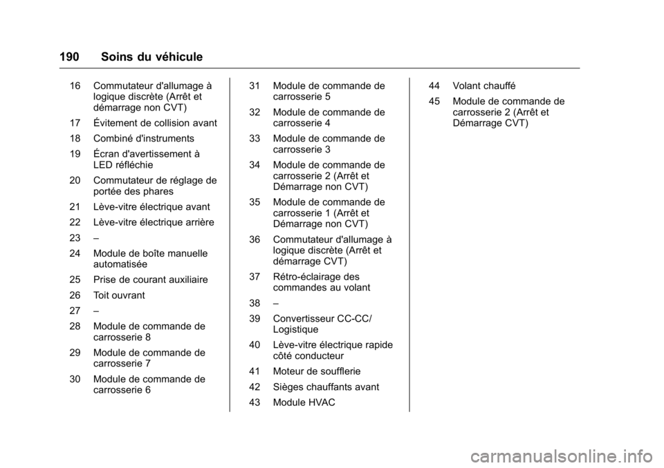 OPEL KARL 2016 Manuel dutilisation (in French) OPEL Karl Owner Manual (GMK-Localizing-EU LHD-9231167) - 2016 - crc -
9/10/15
190 Soins du véhicule
16 Commutateur d'allumage àlogique discrète (Arrêt et
démarrage non CVT)
17 Évitement de c OPEL KARL 2016 Manuel dutilisation (in French) OPEL Karl Owner Manual (GMK-Localizing-EU LHD-9231167) - 2016 - crc -
9/10/15
190 Soins du véhicule
16 Commutateur d'allumage àlogique discrète (Arrêt et
démarrage non CVT)
17 Évitement de c