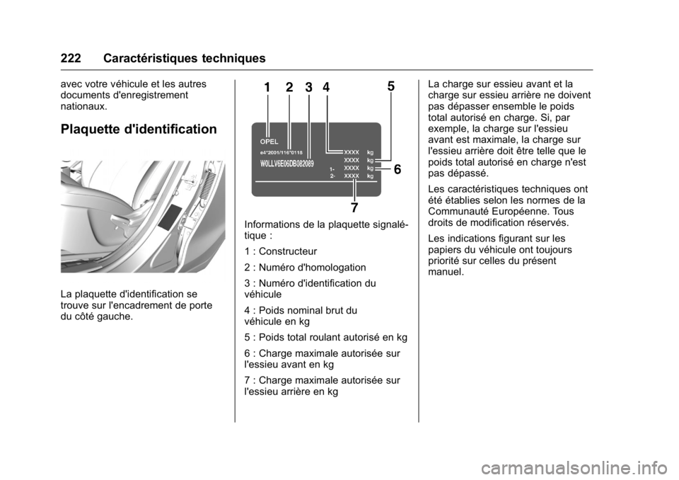 OPEL KARL 2016 Manuel dutilisation (in French) OPEL Karl Owner Manual (GMK-Localizing-EU LHD-9231167) - 2016 - crc -
9/10/15
222 Caractéristiques techniques
avec votre véhicule et les autres
documents d'enregistrement
nationaux.
Plaquette d& OPEL KARL 2016 Manuel dutilisation (in French) OPEL Karl Owner Manual (GMK-Localizing-EU LHD-9231167) - 2016 - crc -
9/10/15
222 Caractéristiques techniques
avec votre véhicule et les autres
documents d'enregistrement
nationaux.
Plaquette d&