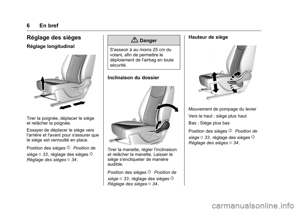 OPEL KARL 2016  Manuel dutilisation (in French) OPEL Karl Owner Manual (GMK-Localizing-EU LHD-9231167) - 2016 - crc -
9/10/15
6 En bref
Réglage des sièges
Réglage longitudinal
Tirer la poignée, déplacer le siège
et relâcher la poignée.
Essa