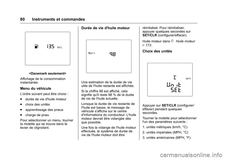 OPEL KARL 2016 Manuel dutilisation (in French) OPEL Karl Owner Manual (GMK-Localizing-EU LHD-9231167) - 2016 - crc -
9/10/15
80 Instruments et commandes
<Danemark seulement>
Affichage de la consommation
instantanée.
Menu du véhicule
L'ordre OPEL KARL 2016 Manuel dutilisation (in French) OPEL Karl Owner Manual (GMK-Localizing-EU LHD-9231167) - 2016 - crc -
9/10/15
80 Instruments et commandes
<Danemark seulement>
Affichage de la consommation
instantanée.
Menu du véhicule
L'ordre