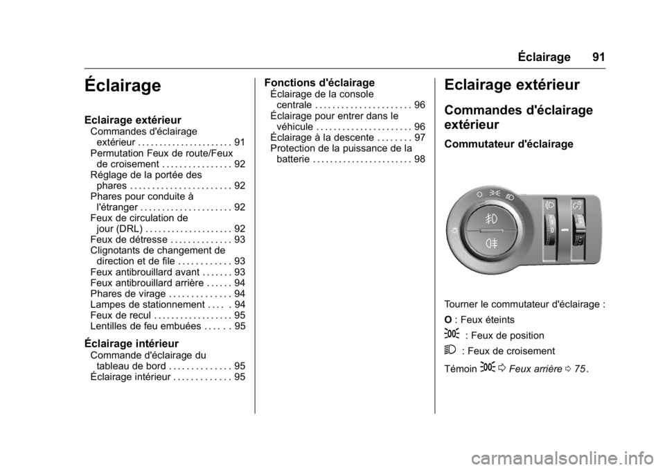 OPEL KARL 2016 Manuel dutilisation (in French) OPEL Karl Owner Manual (GMK-Localizing-EU LHD-9231167) - 2016 - crc -
9/10/15
Éclairage 91
Éclairage
Eclairage extérieur
Commandes d'éclairageextérieur . . . . . . . . . . . . . . . . . . . . OPEL KARL 2016 Manuel dutilisation (in French) OPEL Karl Owner Manual (GMK-Localizing-EU LHD-9231167) - 2016 - crc -
9/10/15
Éclairage 91
Éclairage
Eclairage extérieur
Commandes d'éclairageextérieur . . . . . . . . . . . . . . . . . . . .