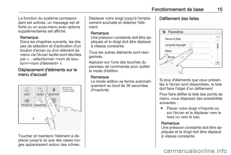 OPEL KARL 2016.5  Manuel multimédia (in French) Fonctionnement de base15La fonction du système correspon‐
dant est activée, un message est af‐
fiché ou un sous-menu avec options
supplémentaires est affiché.
Remarque
Dans les chapitres suiv