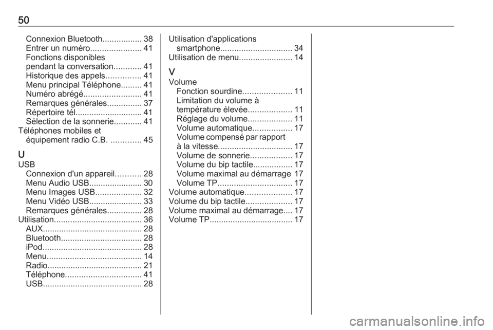 OPEL KARL 2016.5  Manuel multimédia (in French) 50Connexion Bluetooth.................38
Entrer un numéro ......................41
Fonctions disponibles
pendant la conversation ............41
Historique des appels ...............41
Menu principal 