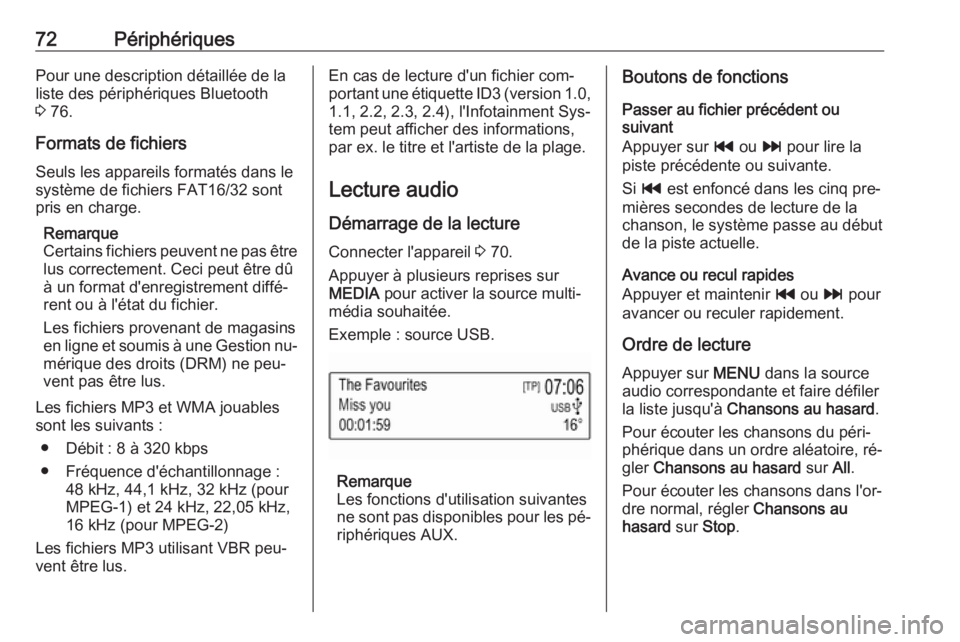 OPEL KARL 2016.5 Manuel multimédia (in French) 72PériphériquesPour une description détaillée de laliste des périphériques Bluetooth
3 76.
Formats de fichiers
Seuls les appareils formatés dans le
système de fichiers FAT16/32 sont
pris en c OPEL KARL 2016.5 Manuel multimédia (in French) 72PériphériquesPour une description détaillée de laliste des périphériques Bluetooth
3 76.
Formats de fichiers
Seuls les appareils formatés dans le
système de fichiers FAT16/32 sont
pris en c
