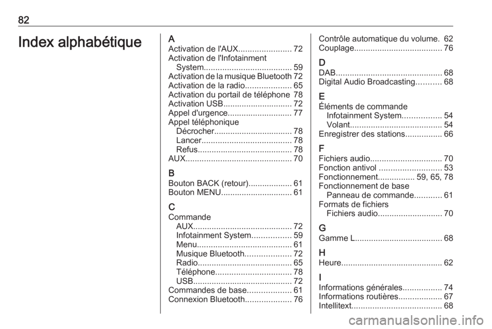 OPEL KARL 2016.5  Manuel multimédia (in French) 82Index alphabétiqueAActivation de l'AUX .......................72
Activation de l'Infotainment System ...................................... 59
Activation de la musique Bluetooth 72
Activati