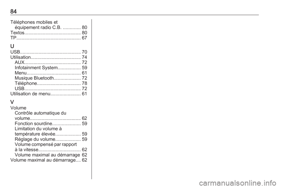 OPEL KARL 2016.5  Manuel multimédia (in French) 84Téléphones mobiles etéquipement radio C.B.  .............80
Textos ........................................... 80
TP ................................................. 67
U
USB ...................