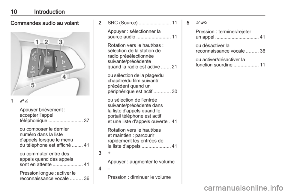 OPEL KARL 2016.5  Manuel multimédia (in French) 10IntroductionCommandes audio au volant
1qw
Appuyer brièvement :
accepter l'appel
téléphonique ......................... 37
ou composer le dernier
numéro dans la liste
d'appels lorsque le 