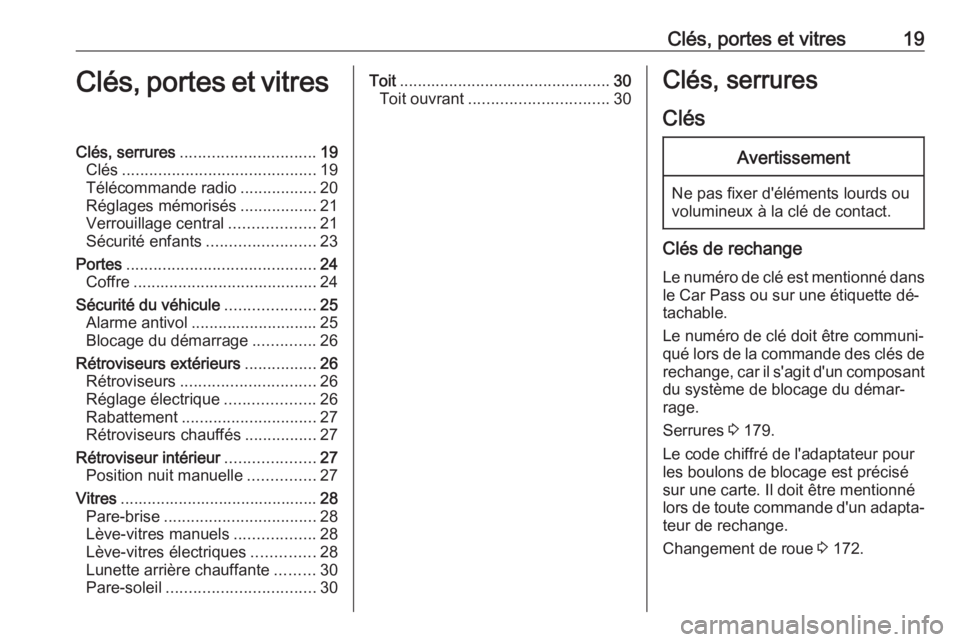 OPEL KARL 2016.5  Manuel dutilisation (in French) Clés, portes et vitres19Clés, portes et vitresClés, serrures.............................. 19
Clés ........................................... 19
Télécommande radio .................20
Réglages