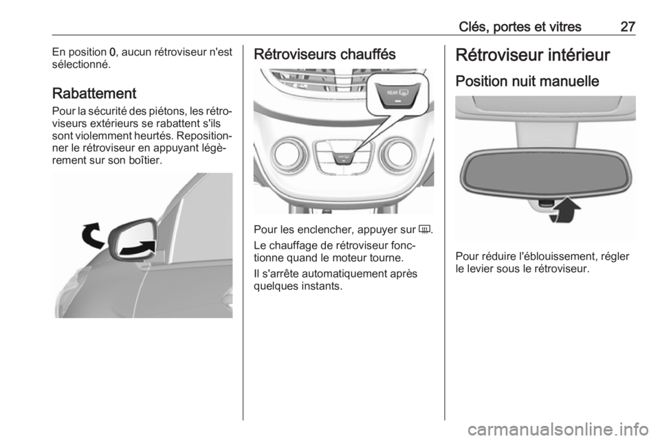 OPEL KARL 2016.5  Manuel dutilisation (in French) Clés, portes et vitres27En position 0, aucun rétroviseur n'est
sélectionné.
Rabattement Pour la sécurité des piétons, les rétro‐
viseurs extérieurs se rabattent s'ils
sont violemmen