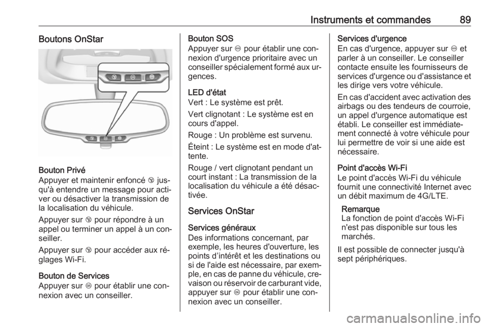 OPEL KARL 2016.5 Manuel dutilisation (in French) Instruments et commandes89Boutons OnStar
Bouton Privé
Appuyer et maintenir enfoncé j jus‐
qu'à entendre un message pour acti‐ ver ou désactiver la transmission de
la localisation du véhi OPEL KARL 2016.5 Manuel dutilisation (in French) Instruments et commandes89Boutons OnStar
Bouton Privé
Appuyer et maintenir enfoncé j jus‐
qu'à entendre un message pour acti‐ ver ou désactiver la transmission de
la localisation du véhi