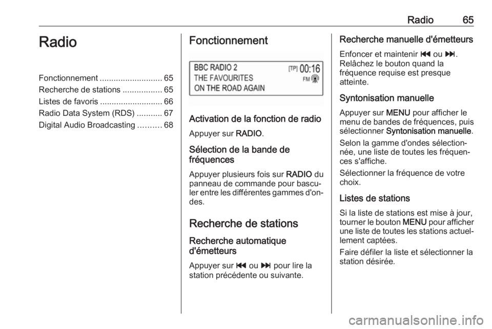 OPEL KARL 2017 Manuel multimédia (in French) Radio65RadioFonctionnement........................... 65
Recherche de stations .................65
Listes de favoris ........................... 66
Radio Data System (RDS) ...........67
Digital Audio OPEL KARL 2017 Manuel multimédia (in French) Radio65RadioFonctionnement........................... 65
Recherche de stations .................65
Listes de favoris ........................... 66
Radio Data System (RDS) ...........67
Digital Audio