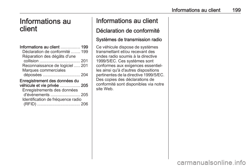 OPEL KARL 2017 Manuel dutilisation (in French) Informations au client199Informations au
clientInformations au client ................199
Déclaration de conformité .......199
Réparation des dégâts d'une collision .......................... OPEL KARL 2017 Manuel dutilisation (in French) Informations au client199Informations au
clientInformations au client ................199
Déclaration de conformité .......199
Réparation des dégâts d'une collision ..........................