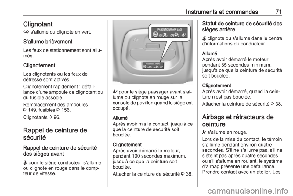 OPEL KARL 2017  Manuel dutilisation (in French) Instruments et commandes71Clignotant
O  s’allume ou clignote en vert.
S'allume brièvement
Les feux de stationnement sont allu‐
més.
Clignotement
Les clignotants ou les feux de
détresse sont
