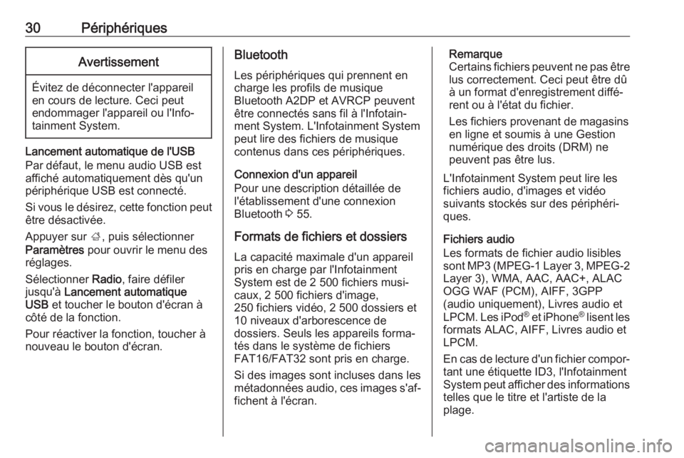 OPEL KARL 2017.5  Manuel multimédia (in French) 30PériphériquesAvertissement
Évitez de déconnecter l'appareil
en cours de lecture. Ceci peut
endommager l'appareil ou l'Info‐
tainment System.
Lancement automatique de l'USB
Par 