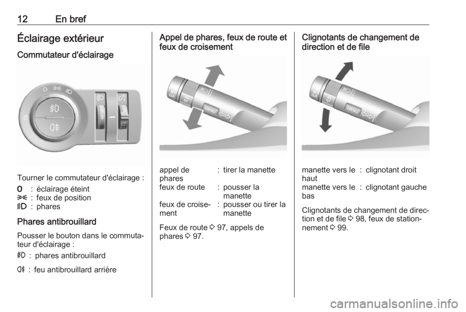 OPEL KARL 2017.5  Manuel dutilisation (in French) 12En brefÉclairage extérieur
Commutateur d'éclairage
Tourner le commutateur d'éclairage :
7:éclairage éteint8:feux de position9:phares
Phares antibrouillard
Pousser le bouton dans le com