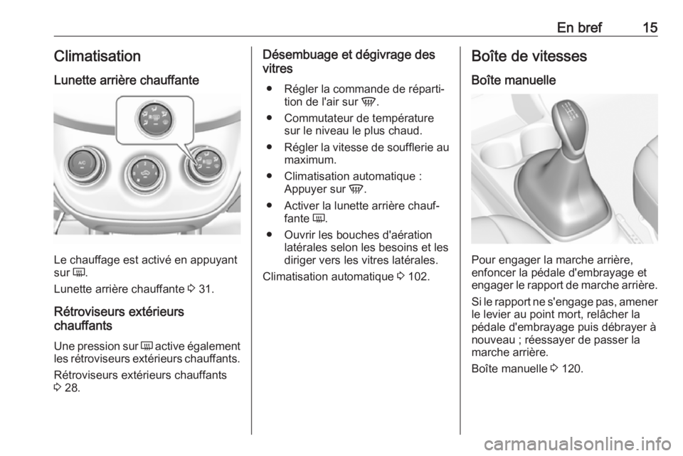 OPEL KARL 2017.5  Manuel dutilisation (in French) En bref15Climatisation
Lunette arrière chauffante
Le chauffage est activé en appuyant
sur  Ü.
Lunette arrière chauffante  3 31.
Rétroviseurs extérieurs
chauffants
Une pression sur  Ü active ég