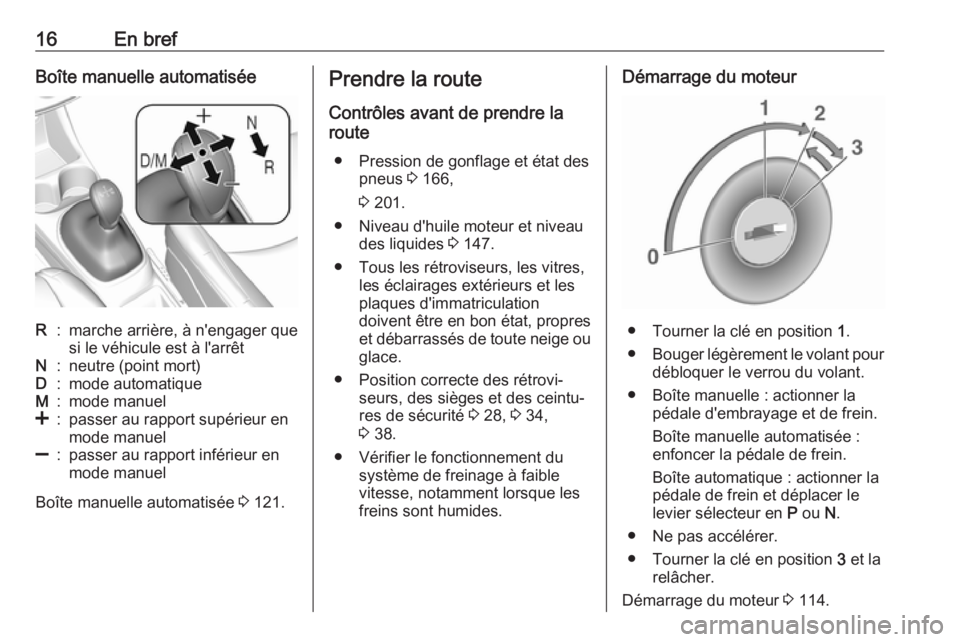 OPEL KARL 2017.5  Manuel dutilisation (in French) 16En brefBoîte manuelle automatiséeR:marche arrière, à n'engager que
si le véhicule est à l'arrêtN:neutre (point mort)D:mode automatiqueM:mode manuel<:passer au rapport supérieur en
mo