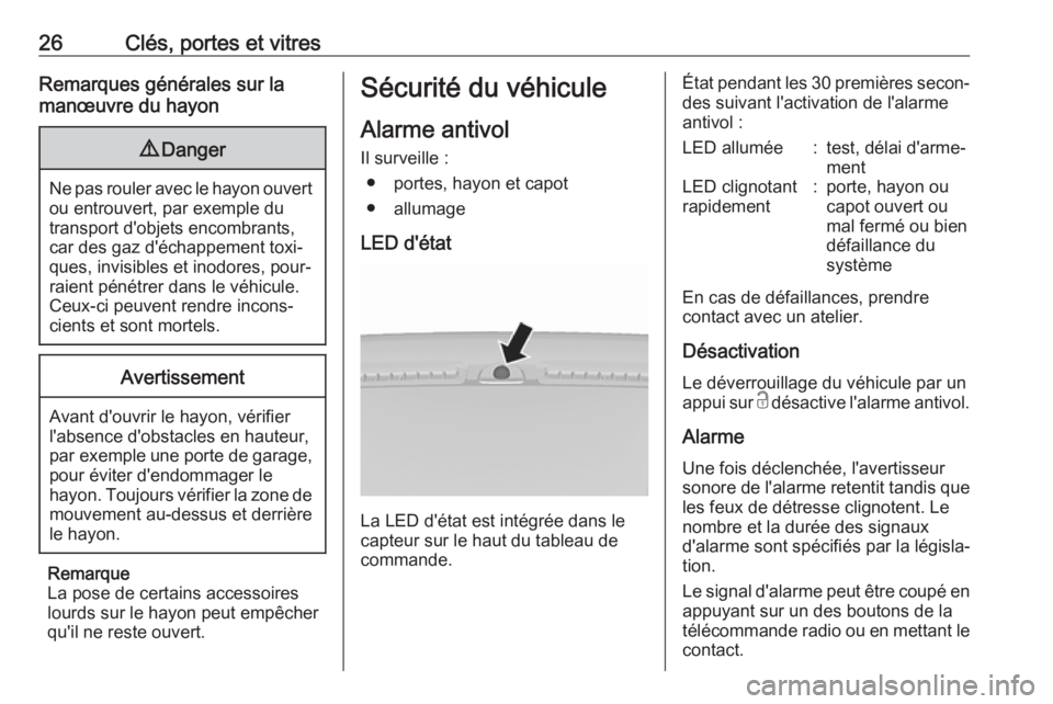 OPEL KARL 2017.5  Manuel dutilisation (in French) 26Clés, portes et vitresRemarques générales sur la
manœuvre du hayon9 Danger
Ne pas rouler avec le hayon ouvert
ou entrouvert, par exemple du
transport d'objets encombrants,
car des gaz d'
