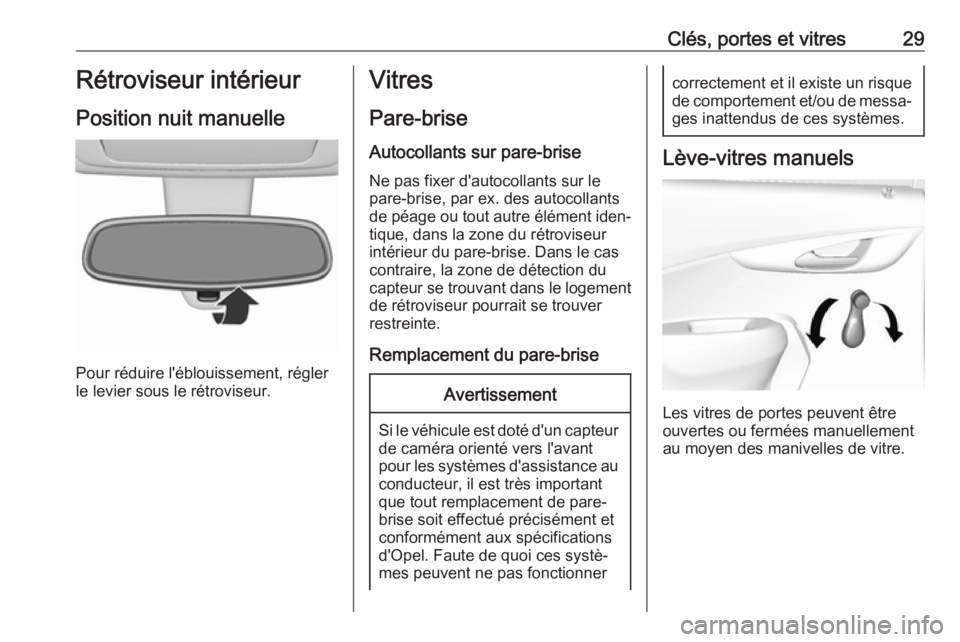 OPEL KARL 2017.5  Manuel dutilisation (in French) Clés, portes et vitres29Rétroviseur intérieur
Position nuit manuelle
Pour réduire l'éblouissement, régler
le levier sous le rétroviseur.
Vitres
Pare-brise Autocollants sur pare-briseNe pas 