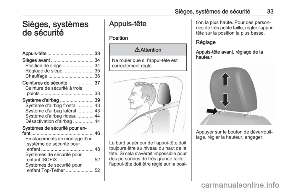 OPEL KARL 2017.5  Manuel dutilisation (in French) Sièges, systèmes de sécurité33Sièges, systèmes
de sécuritéAppuis-tête ................................... 33
Sièges avant ................................ 34
Position de siège .............