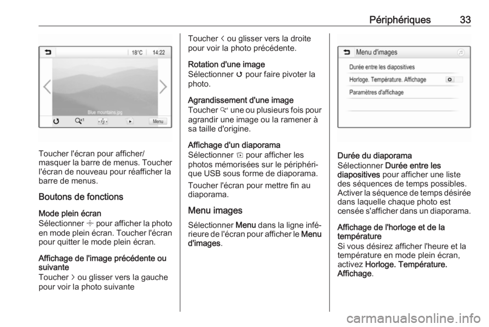 OPEL KARL 2018  Manuel multimédia (in French) Périphériques33
Toucher l'écran pour afficher/
masquer la barre de menus. Toucher l'écran de nouveau pour réafficher la
barre de menus.
Boutons de fonctions
Mode plein écran
Sélectionne