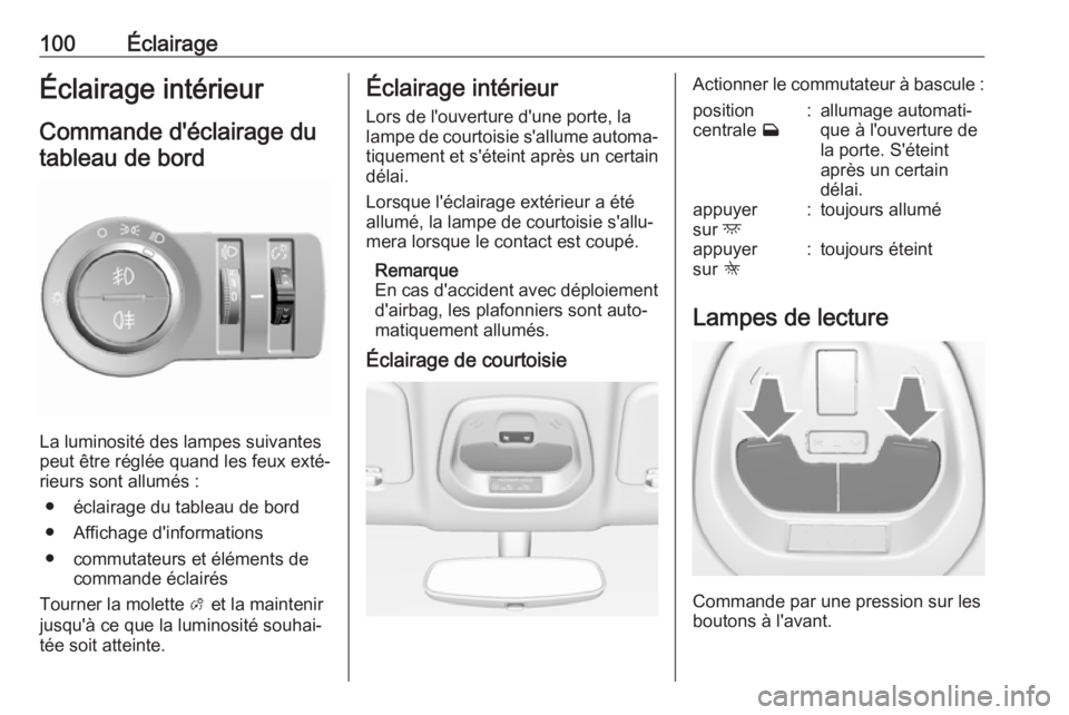 OPEL KARL 2018 Manuel dutilisation (in French) 100ÉclairageÉclairage intérieur
Commande d'éclairage du
tableau de bord
La luminosité des lampes suivantes
peut être réglée quand les feux exté‐
rieurs sont allumés :
● éclairage du OPEL KARL 2018 Manuel dutilisation (in French) 100ÉclairageÉclairage intérieur
Commande d'éclairage du
tableau de bord
La luminosité des lampes suivantes
peut être réglée quand les feux exté‐
rieurs sont allumés :
● éclairage du