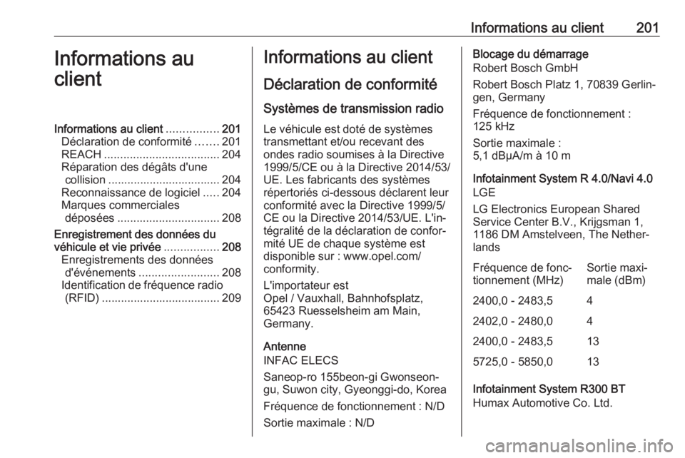 OPEL KARL 2018  Manuel dutilisation (in French) Informations au client201Informations au
clientInformations au client ................201
Déclaration de conformité .......201
REACH .................................... 204
Réparation des dégâts