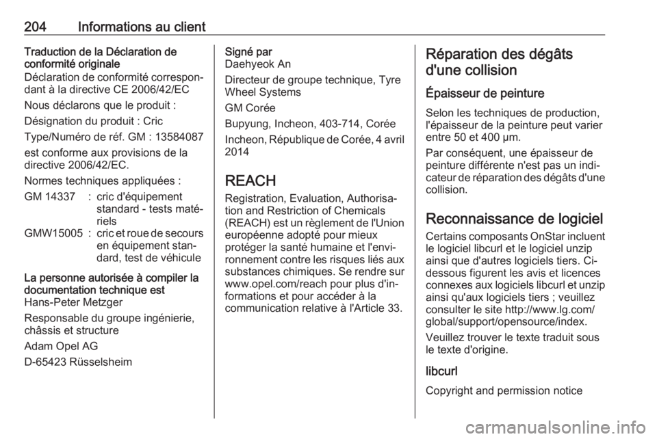 OPEL KARL 2018 Manuel dutilisation (in French) 204Informations au clientTraduction de la Déclaration de
conformité originale
Déclaration de conformité correspon‐
dant à la directive CE 2006/42/EC
Nous déclarons que le produit :
Désignatio OPEL KARL 2018 Manuel dutilisation (in French) 204Informations au clientTraduction de la Déclaration de
conformité originale
Déclaration de conformité correspon‐
dant à la directive CE 2006/42/EC
Nous déclarons que le produit :
Désignatio