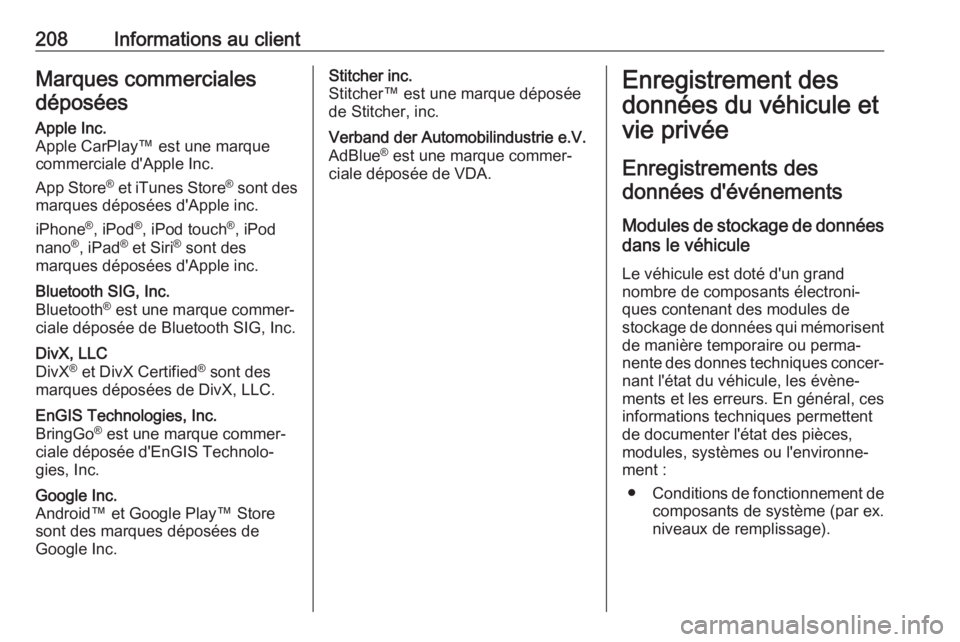 OPEL KARL 2018 Manuel dutilisation (in French) 208Informations au clientMarques commercialesdéposéesApple Inc.
Apple CarPlay™ est une marque
commerciale d'Apple Inc.
App Store ®
et iTunes Store ®
sont des
marques déposées d'Apple OPEL KARL 2018 Manuel dutilisation (in French) 208Informations au clientMarques commercialesdéposéesApple Inc.
Apple CarPlay™ est une marque
commerciale d'Apple Inc.
App Store ®
et iTunes Store ®
sont des
marques déposées d'Apple