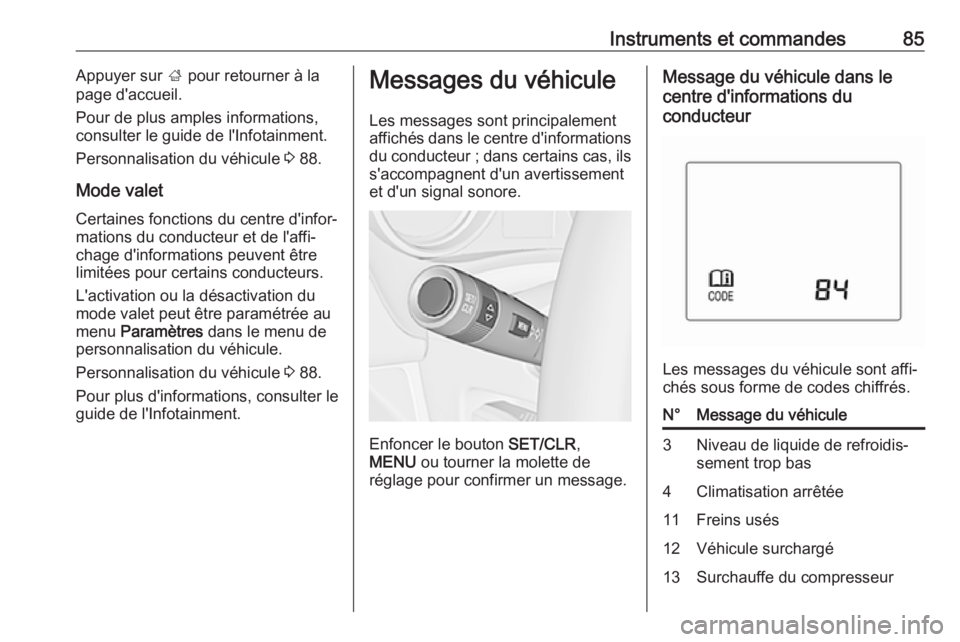 OPEL KARL 2018 Manuel dutilisation (in French) Instruments et commandes85Appuyer sur ; pour retourner à la
page d'accueil.
Pour de plus amples informations,
consulter le guide de l'Infotainment.
Personnalisation du véhicule 3 88.
Mode v OPEL KARL 2018 Manuel dutilisation (in French) Instruments et commandes85Appuyer sur ; pour retourner à la
page d'accueil.
Pour de plus amples informations,
consulter le guide de l'Infotainment.
Personnalisation du véhicule 3 88.
Mode v