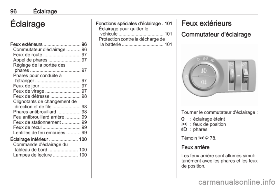 OPEL KARL 2018 Manuel dutilisation (in French) 96ÉclairageÉclairageFeux extérieurs............................ 96
Commutateur d'éclairage ..........96
Feux de route ............................ 97
Appel de phares ........................97 OPEL KARL 2018 Manuel dutilisation (in French) 96ÉclairageÉclairageFeux extérieurs............................ 96
Commutateur d'éclairage ..........96
Feux de route ............................ 97
Appel de phares ........................97