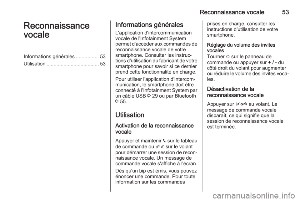 OPEL KARL 2018.5  Manuel multimédia (in French) Reconnaissance vocale53Reconnaissance
vocaleInformations générales ................53
Utilisation ..................................... 53Informations générales
L'application d'intercommun